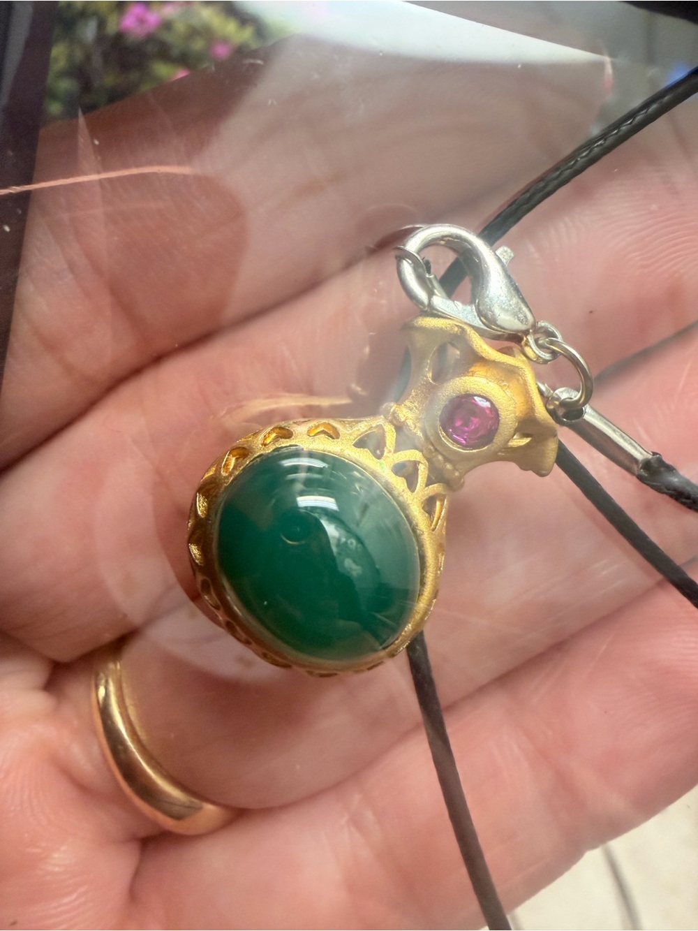 PLATED in Gold-Tone Malachite Green Stone Pendant Necklace with Pink Accent